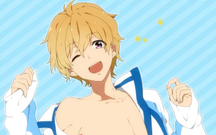 HD PC desktop wallpaper of Nagisa Hazuki from Free! (anime): cheerful blond swimmer winking with open jacket against a blue striped background with small stars.