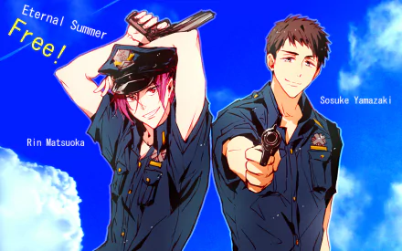 HD anime desktop wallpaper featuring Rin Matsuoka and Sosuke Yamazaki from Free!, dressed in police uniforms against a bright blue sky with Eternal Summer Free! text.