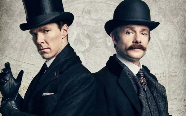 HD PC desktop wallpaper featuring Benedict Cumberbatch and Martin Freeman in period costumes from the movie Sherlock: The Abominable Bride.