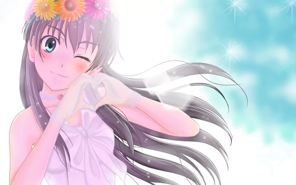 HD PC desktop wallpaper featuring Ruiko Saten from A Certain Scientific Railgun, winking with a flower crown and forming a heart shape with her hands against a bright, airy background.