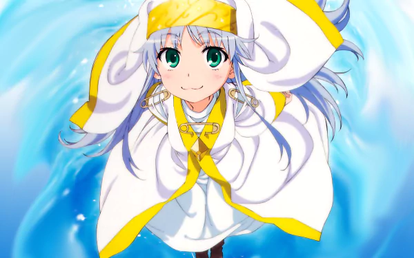 HD PC wallpaper of Index (Index Librorum Prohibitorum) from the anime A Certain Magical Index — smiling in white-and-yellow nun robes, floating against a swirling blue background.