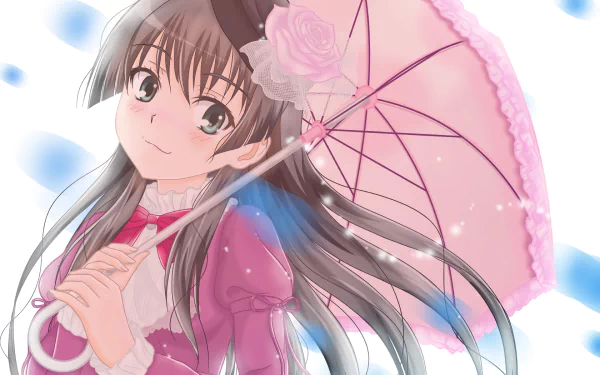 HD desktop wallpaper featuring Ruiko Saten from the anime A Certain Scientific Railgun, holding a pink parasol with a gentle smile against a soft background.