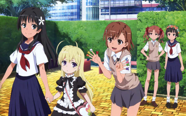 Anime HD wallpaper featuring Kazari Uiharu, Ruiko Saten, Kuroko Shirai, and Mikoto Misaka in school uniforms with skirts, set outdoors under a clear blue sky.
