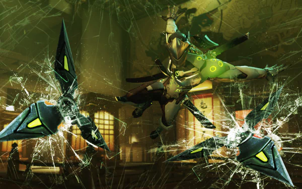HD PC desktop wallpaper featuring Genji Shimada from Overwatch in an action pose, surrounded by shattered glass and glowing green accents.