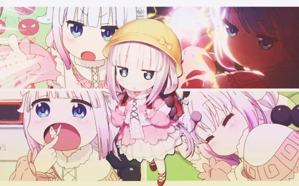 HD desktop wallpaper featuring Kanna Kamui from the anime Miss Kobayashi's Dragon Maid, showcasing various adorable expressions and scenes.