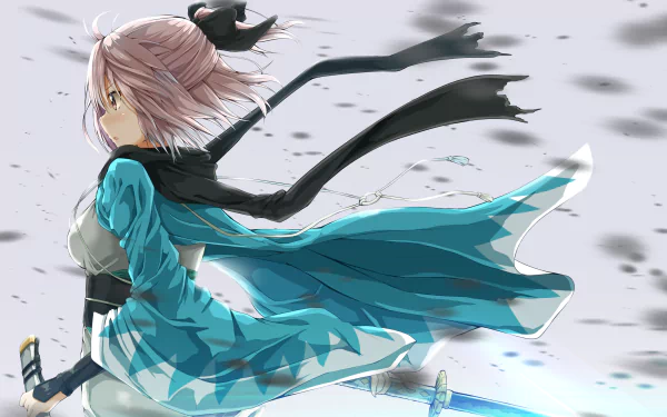 HD wallpaper of Sakura Saber from Fate/KOHA-ACE, featuring an anime-style character with a blue and white kimono holding a sword, with her hair and scarf flowing in the wind.