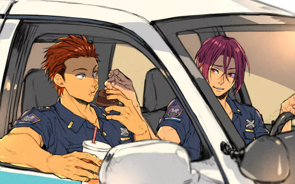 HD anime wallpaper featuring Seijuro Mikoshiba and Rin Matsuoka from Free! sitting in a car, dressed in police uniforms.