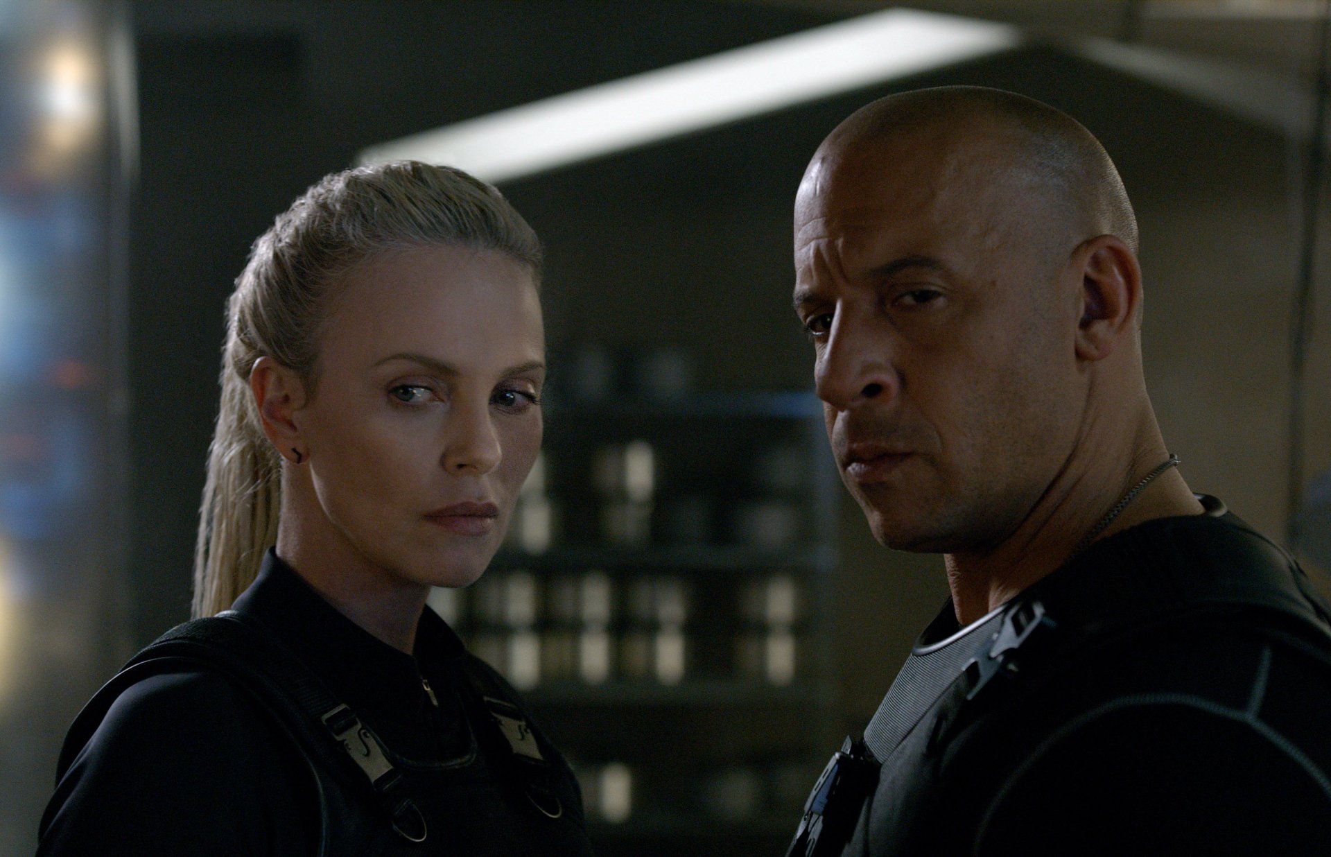 HD PC desktop wallpaper featuring Dominic Toretto (Vin Diesel) and Cipher (Charlize Theron) from the movie The Fate of The Furious.