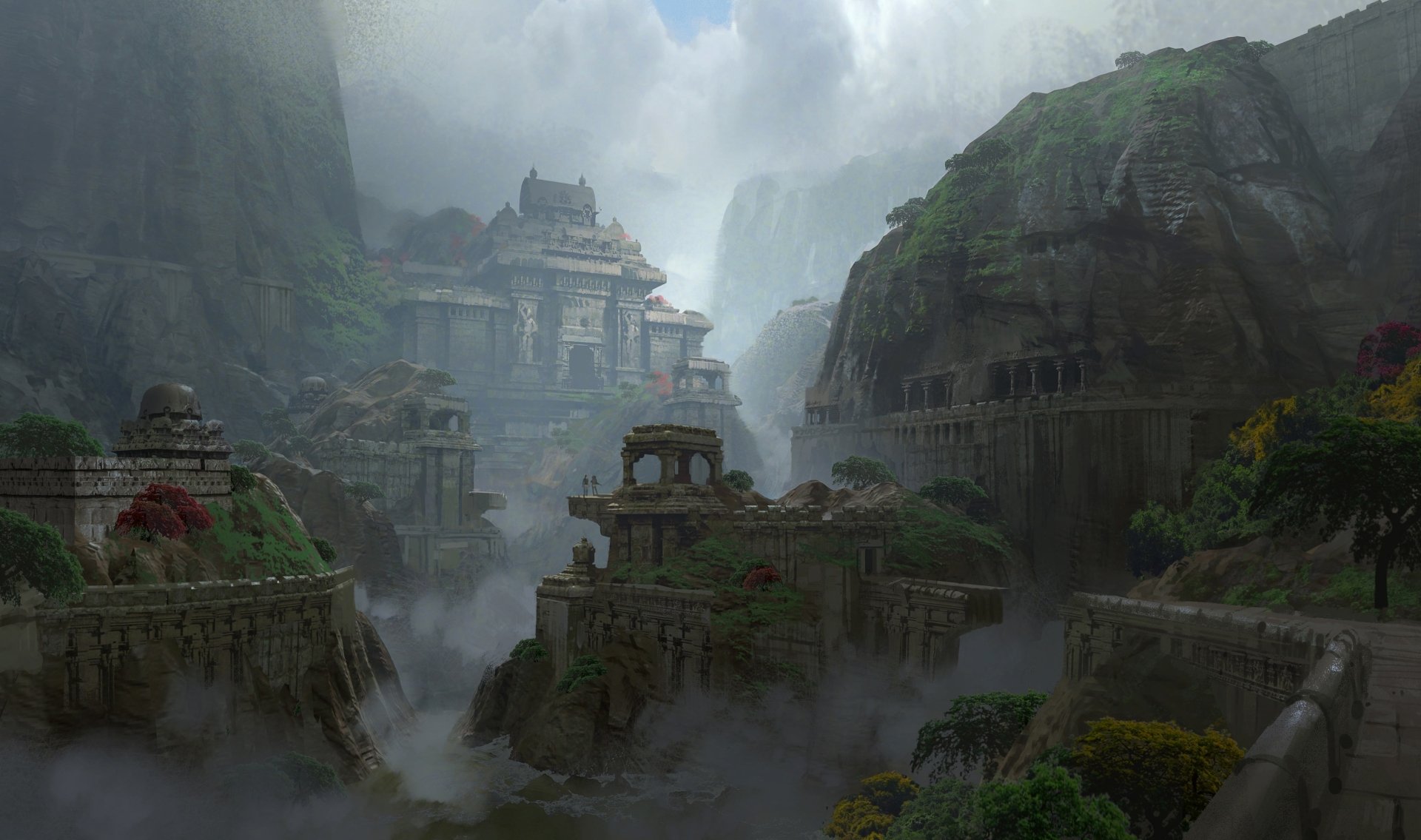 Lush misty mountain ruins from the video game Uncharted: The Lost Legacy — 2K Quad HD PC desktop wallpaper/background showing ancient stone temples and cascading waterfalls.