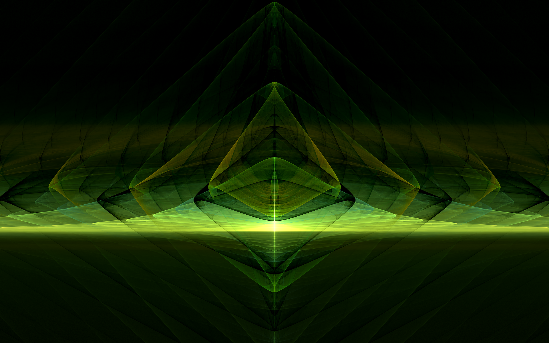 An HD desktop wallpaper featuring an abstract fractal design with dark, black background and vibrant green lines. The dynamic light patterns create a striking visual effect.