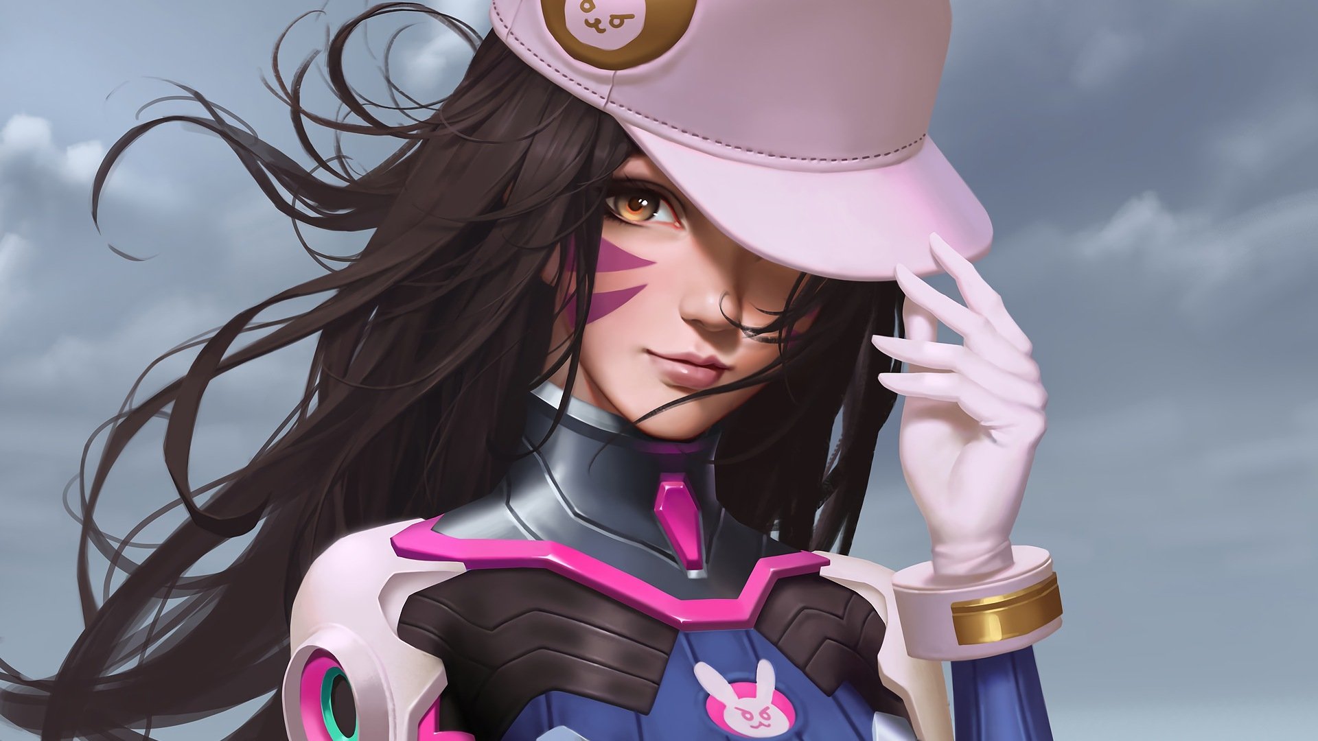 HD desktop wallpaper featuring the Overwatch character D.Va. She has long brunette hair, wears a hat, and is dressed in her iconic fantasy-themed video game armor.