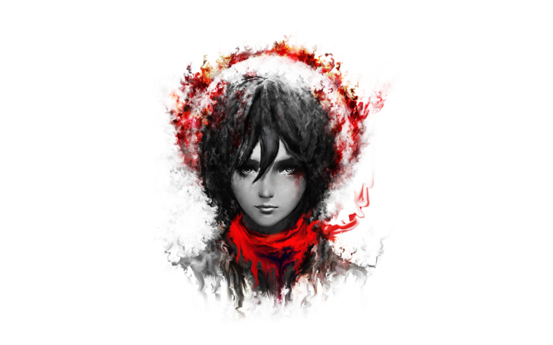 Mikasa Ackerman from Attack on Titan — stylized black-and-white portrait with red scarf and fiery accents, 2K Quad HD anime PC desktop wallpaper.