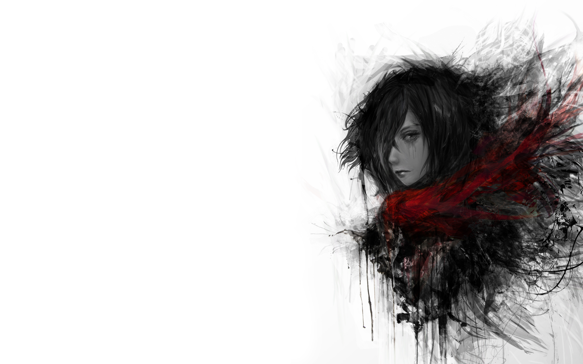 HD desktop wallpaper of Mikasa Ackerman from Attack on Titan, featuring an artistic illustration with dark, abstract elements and a vivid red scarf against a white background.
