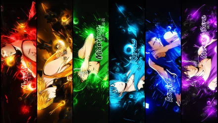 HD desktop wallpaper featuring Atsushi Murasakibara, Daiki Aomine, Tetsuya Kuroko, Shintarō Midorima, Ryōta Kise, and Seijūrō Akashi from the anime Kuroko's Basketball, each in dynamic, colorful poses.