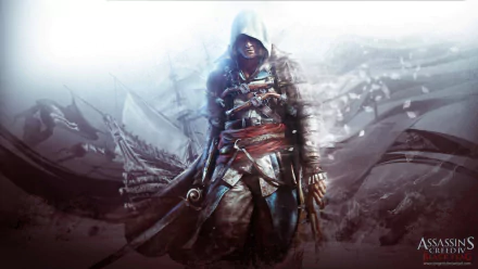 HD PC desktop wallpaper from the video game Assassin's Creed IV: Black Flag — hooded pirate assassin in weathered coat and blades, standing amid stormy sea and tattered sails.