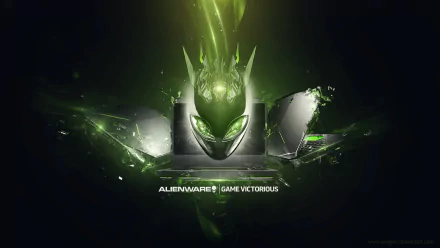 HD PC desktop wallpaper featuring a glowing green Alienware logo with futuristic technology and dynamic light effects, emphasizing a victorious gaming theme.