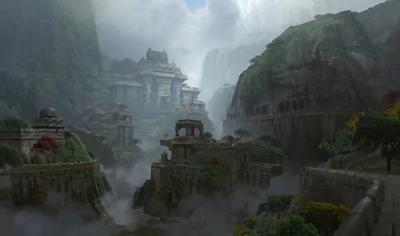 Lush misty mountain ruins from the video game Uncharted: The Lost Legacy — 2K Quad HD PC desktop wallpaper/background showing ancient stone temples and cascading waterfalls.
