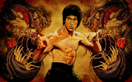 A HD desktop wallpaper featuring Bruce Lee in a fighting stance, flanked by two intricately detailed dragons.