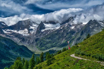 HD desktop wallpaper of a stunning forest landscape with lush greenery, majestic Alps mountains, and partly cloudy skies.
