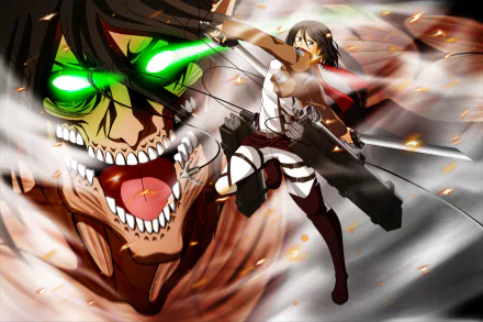 HD wallpaper featuring Mikasa Ackerman and Eren Yeager from the anime Attack on Titan. Eren is in his Titan form with glowing green eyes, while Mikasa wields her blades mid-air.