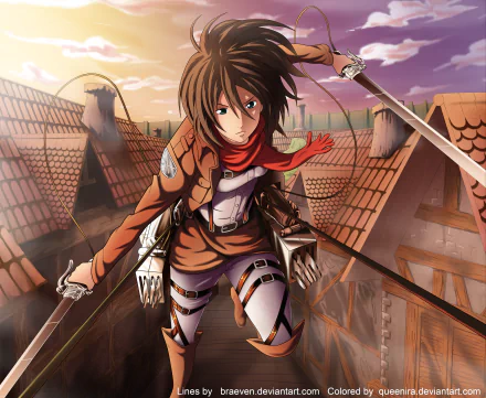 HD desktop wallpaper featuring Mikasa Ackerman from Attack on Titan, depicted in her scouting gear, poised for action atop rooftops with the sky in the background.