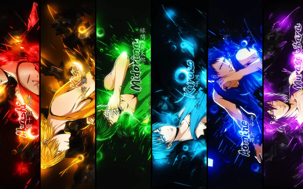 HD desktop wallpaper featuring Atsushi Murasakibara, Daiki Aomine, Tetsuya Kuroko, Shintarō Midorima, Ryōta Kise, and Seijūrō Akashi from the anime Kuroko's Basketball, each in dynamic, colorful poses.
