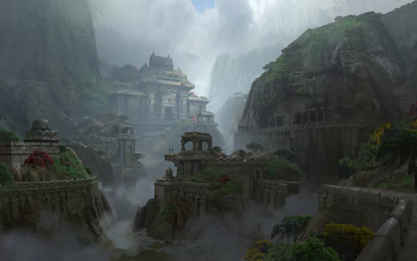Lush misty mountain ruins from the video game Uncharted: The Lost Legacy — 2K Quad HD PC desktop wallpaper/background showing ancient stone temples and cascading waterfalls.
