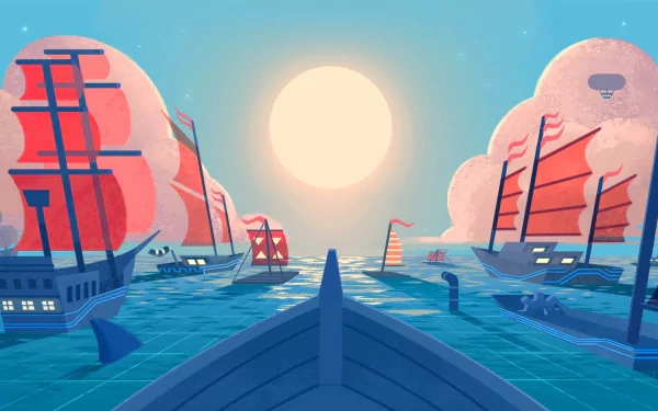 A vibrant fantasy HD desktop wallpaper depicting a fleet of red-sailed ships on the ocean with a bright sun near the horizon, viewed from the bow of a boat.