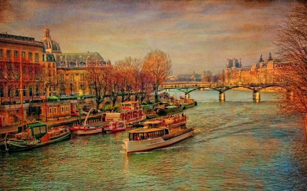 Artistic Painting Paris France River Boat Bridge City Colorful HD Wallpaper | Background Image