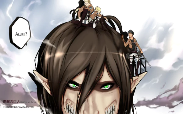 HD anime desktop wallpaper featuring Attack on Titan characters Bertholdt Hoover, Reiner Braun, Annie Leonhart, and Eren Yeager atop a Titan's head with a cloudy sky background.