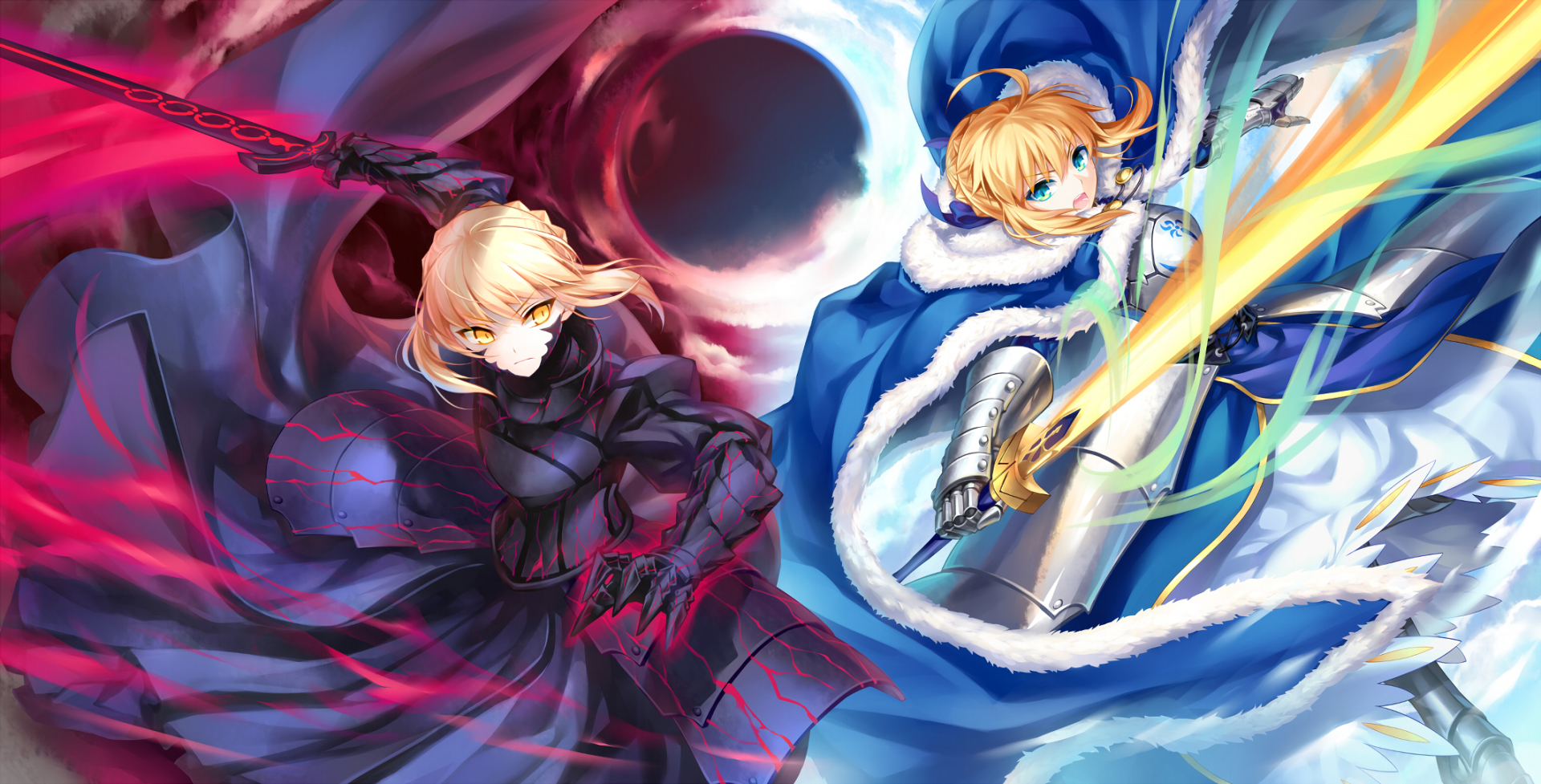 HD PC desktop wallpaper featuring Saber Alter and Saber from the Fate Series in dynamic battle poses, showcasing vibrant anime-style art from Fate/Grand Order.