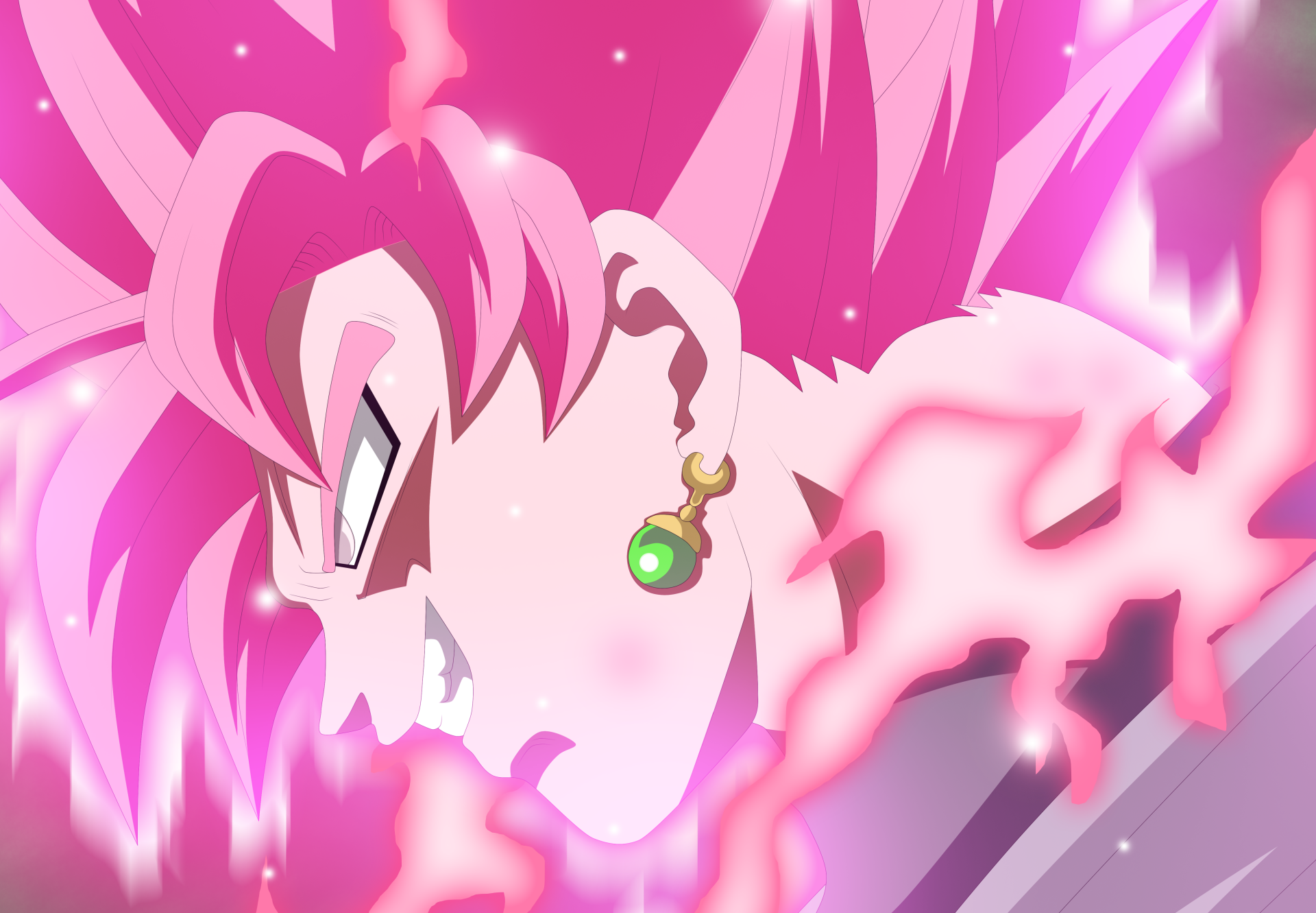 HD desktop wallpaper of Super Saiyan Rosé Black Goku from Dragon Ball Super, featuring a close-up of the character's intense face with pink hair and aura.
