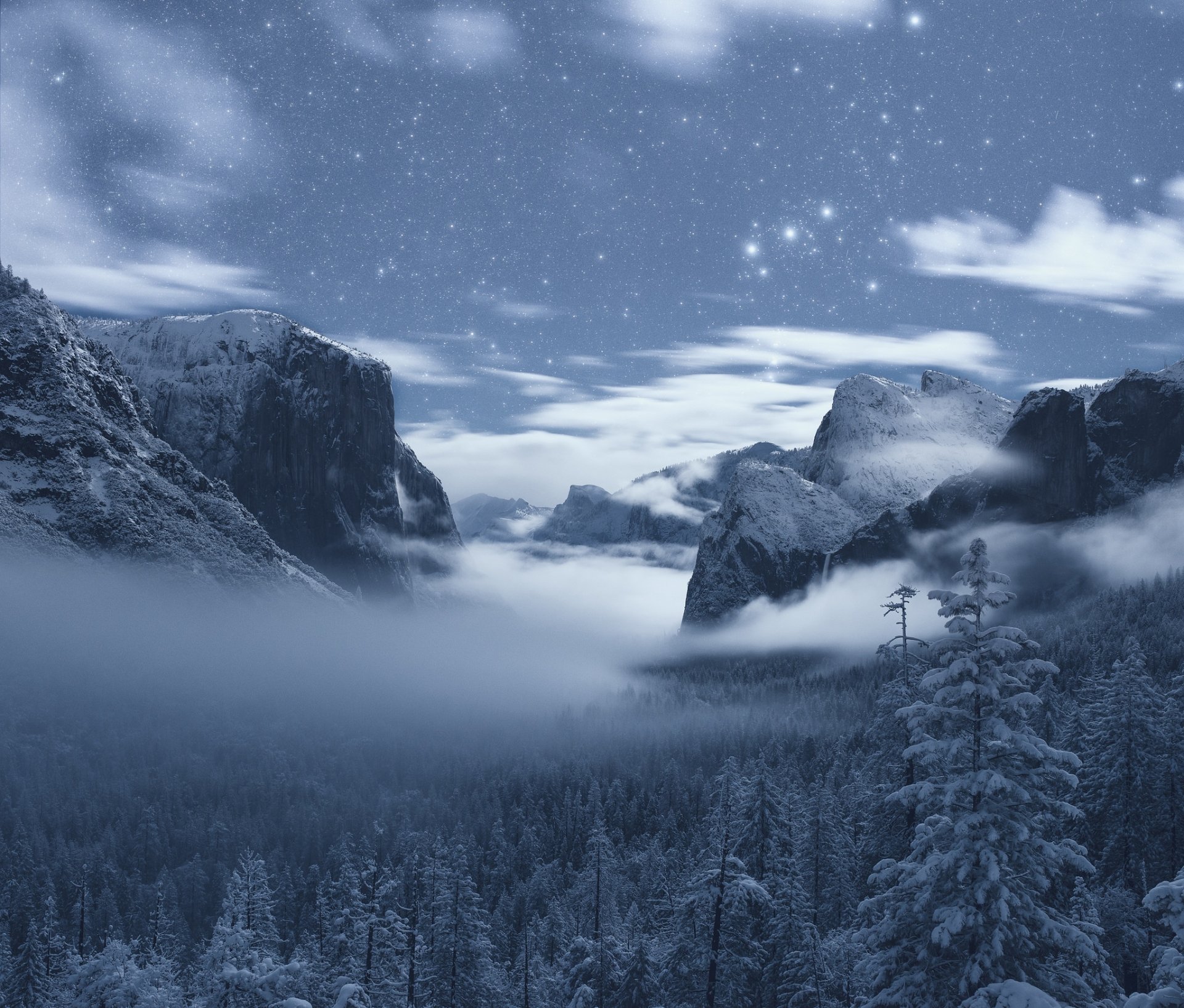 Winter night at Yosemite National Park shows a starry sky above a snowy forest and cliffs shrouded in fog, capturing nature’s serene beauty in stunning HD.