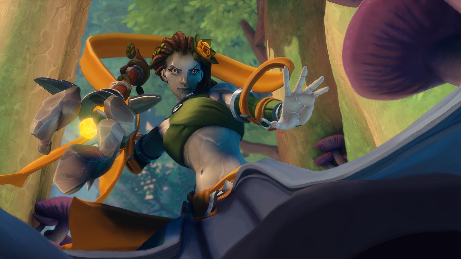 HD desktop wallpaper and background featuring a character from the video game Paladins in a dynamic pose amidst lush, green foliage.