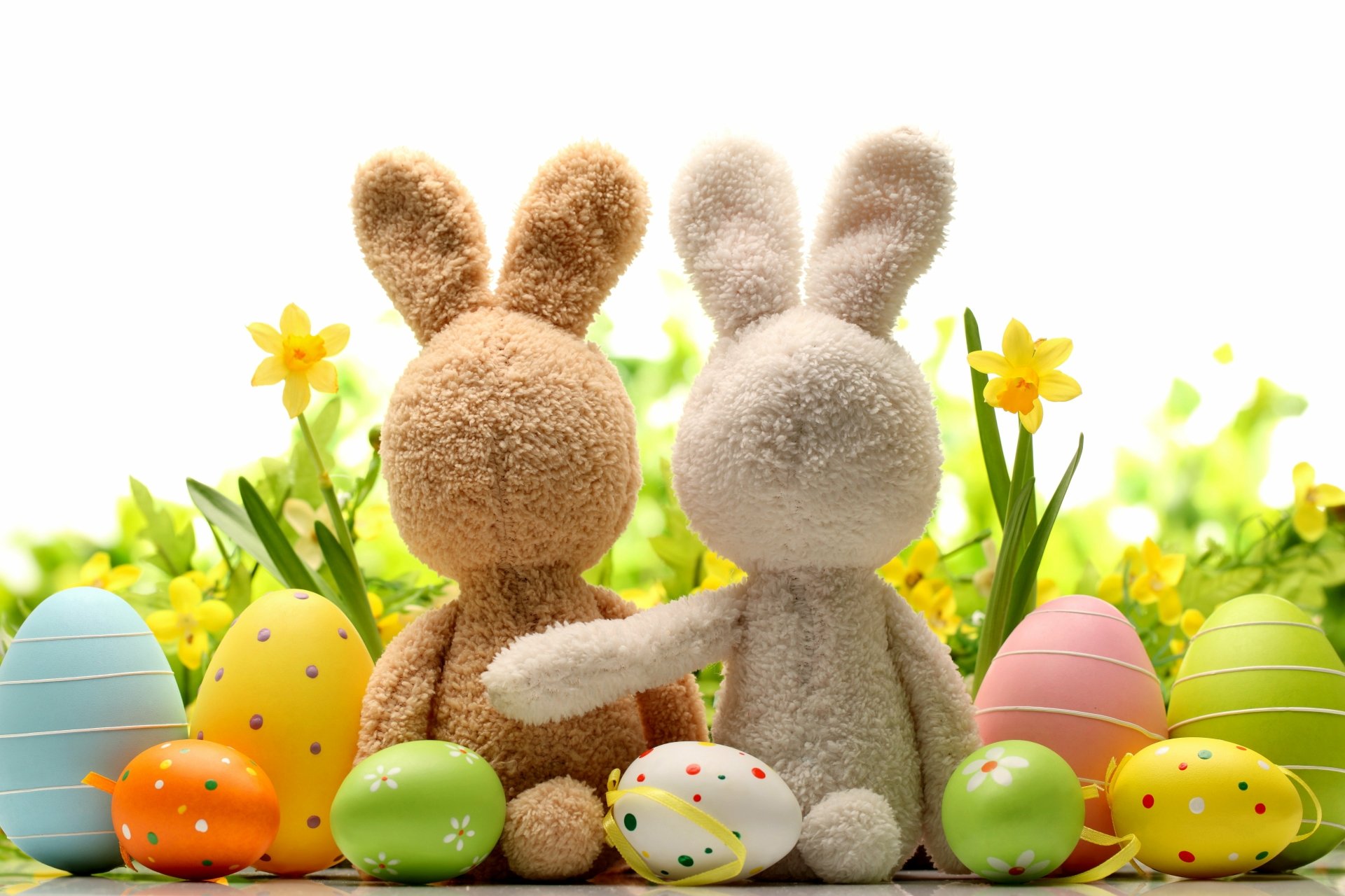 Two plush bunny stuffed animals sit arm-in-arm amid colorful Easter eggs and daffodils — bright Easter holiday 5K Ultra HD PC desktop wallpaper background.