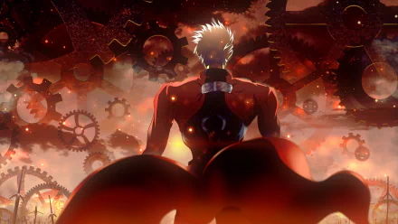 HD desktop wallpaper of Archer from Fate/Stay Night: Unlimited Blade Works. The character stands with their back to the viewer, surrounded by a dramatic scene of gears and flames.