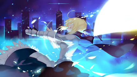 HD wallpaper of Saber from Fate/Stay Night: Unlimited Blade Works. The image features Saber in an action pose with a glowing sword, against a backdrop of a night city skyline.