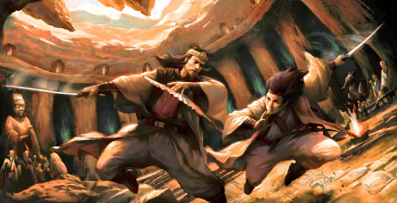 HD desktop wallpaper featuring two fantasy warriors engaged in a dynamic sword fight with katanas in an oriental-inspired arena. The intense battle is set against a dramatic, swirling backdrop.