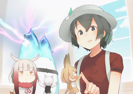 HD anime wallpaper featuring Crested Ibis, Serval, and Kaban from Kemono Friends with bright skies and soft, colorful lighting.