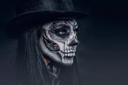 An artistic HD desktop wallpaper featuring a face with black hair and sugar skull makeup, showcasing intricate detailing, set against a dark background.