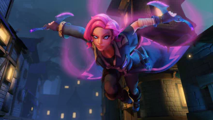 A dynamic HD desktop wallpaper featuring Maeve from the video game Paladins. The image showcases her with pink hair, blue eyes, and daggers, set against a night backdrop.