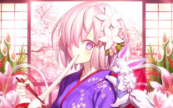 This HD desktop wallpaper features Mashu Kyrielight from Fate/Grand Order in an anime style, with Fou perched on her shoulder. She is dressed in a kimono, set against a backdrop of cherry blossoms.