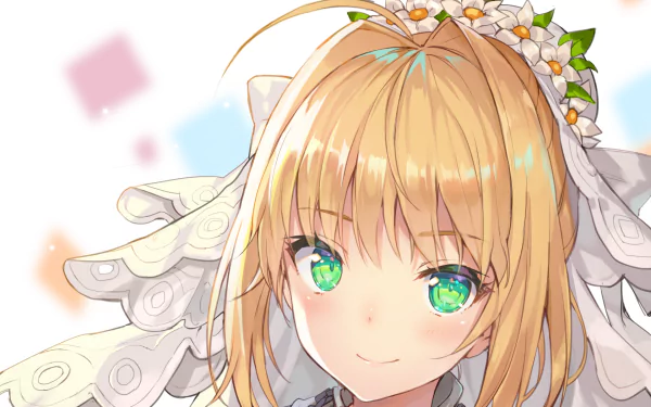 HD desktop background featuring Saber Bride from the Fate/Grand Order anime. The character, adorned in intricate bridal attire, gazes softly with bright, expressive eyes.