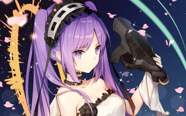 HD PC desktop wallpaper featuring Euryale from Fate/Grand Order with purple hair and a black headpiece, surrounded by glowing elements and falling cherry blossoms.