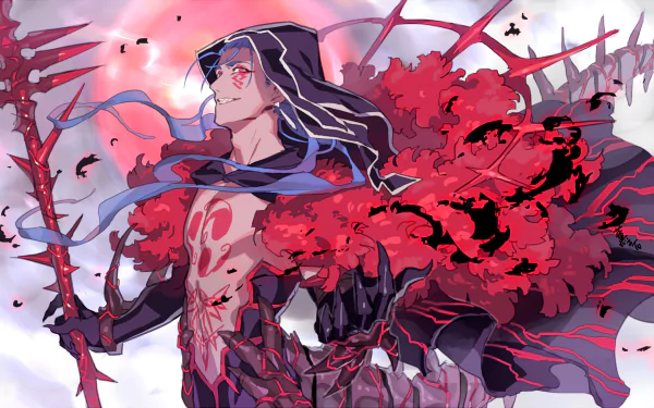 HD wallpaper of Cu Chulainn Alter from Fate/Grand Order anime. The character is depicted with red and black adornments, holding a spear against a dynamic, cloud-filled background.