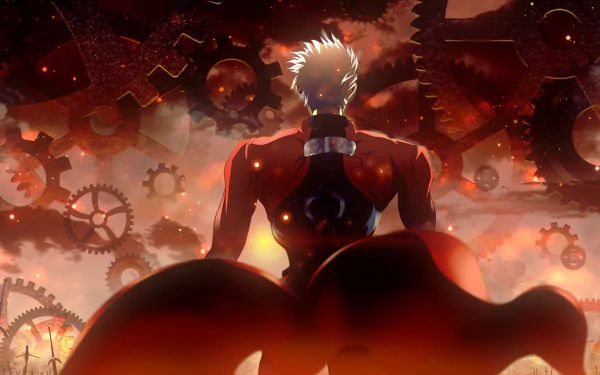 HD desktop wallpaper of Archer from Fate/Stay Night: Unlimited Blade Works. The character stands with their back to the viewer, surrounded by a dramatic scene of gears and flames.
