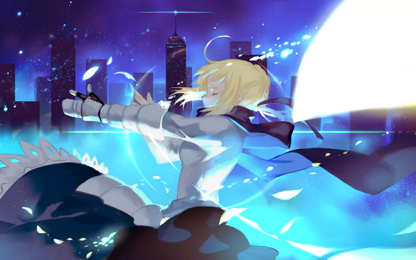 HD wallpaper of Saber from Fate/Stay Night: Unlimited Blade Works. The image features Saber in an action pose with a glowing sword, against a backdrop of a night city skyline.