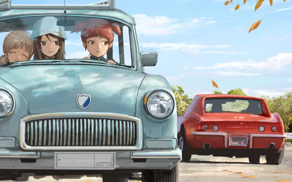 Anime-style HD desktop wallpaper from Girls und Panzer featuring Mikko, Mika, and Aki riding in a vintage car on a clear autumn day with falling leaves and another car in the background.