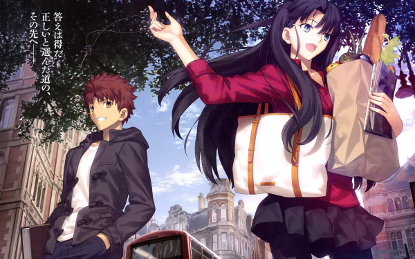 HD desktop wallpaper featuring Rin Tohsaka and Shirou Emiya from Fate/Stay Night: Unlimited Blade Works. Rin is holding grocery bags and smiling, while Shirou stands relaxed in a cityscape background.