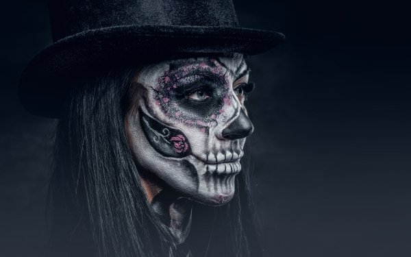 Artistic Sugar Skull Face Makeup Black Hair HD Wallpaper | Background Image